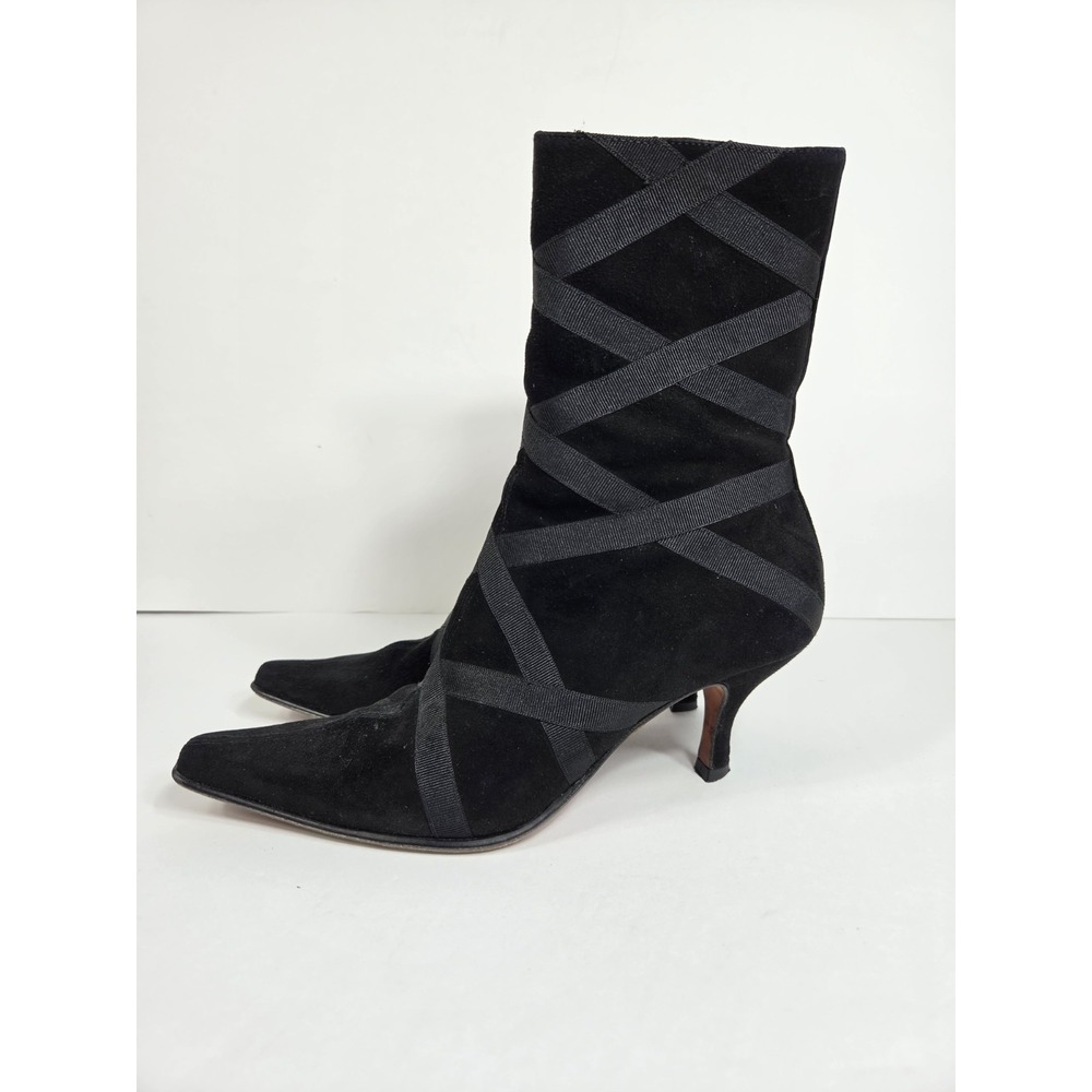 Donald J. Pliner Ribbon Wrapped Kitten Heel Boots Black Sz 7 m Women Pointed Toe